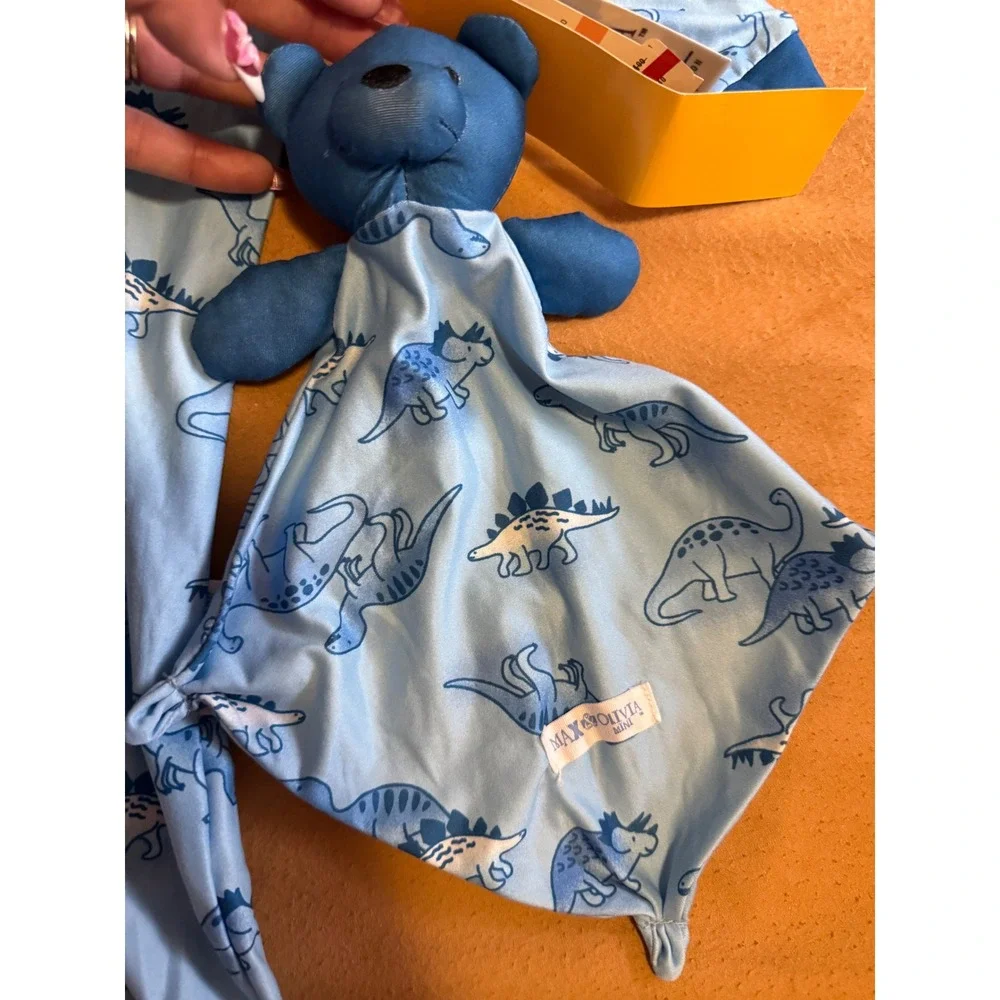 Max & Olivia 12mo Blue Dinosaur Footed Pajamas Sleeper and Lovey Blanket Set NEW